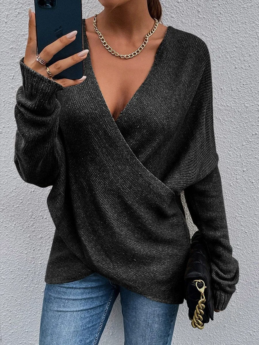 Chicmy-European and American casual women's clothing Women's Sweaters Cross V-Neck Long Sleeve Knitted Sweater