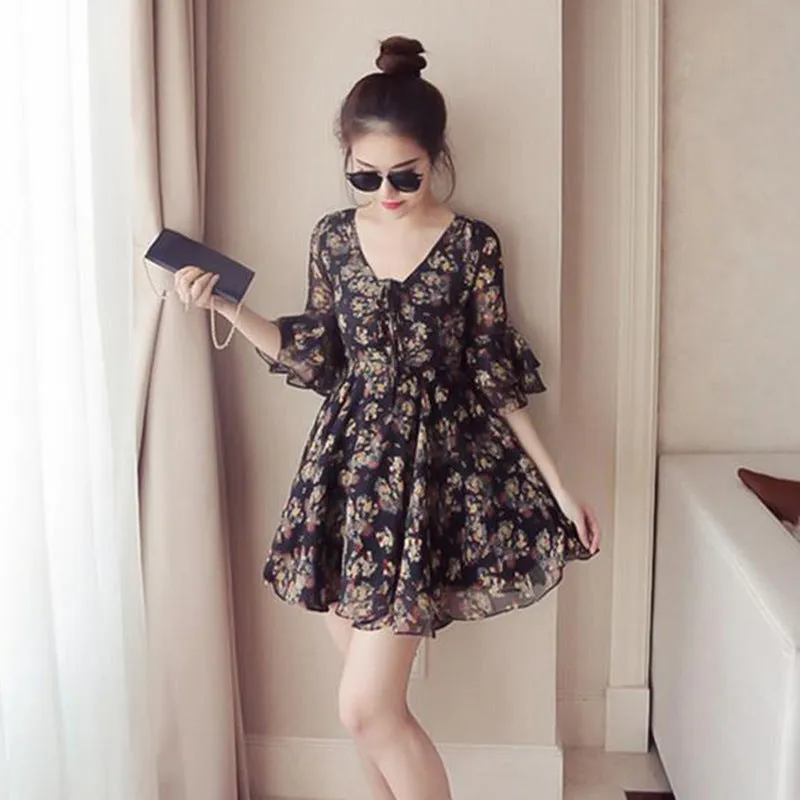 Chiffon Dress Women Summer Flare Short Sleeve Ruffle Collar V-Neck Beach Fresh Looking Floral Skirt Dress