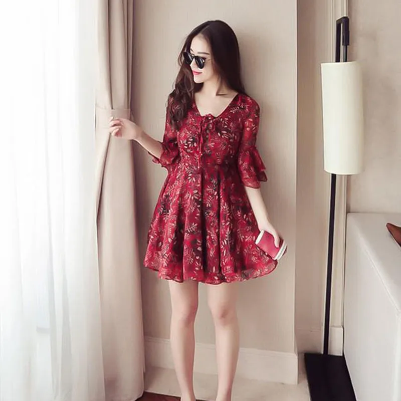 Chiffon Dress Women Summer Flare Short Sleeve Ruffle Collar V-Neck Beach Fresh Looking Floral Skirt Dress