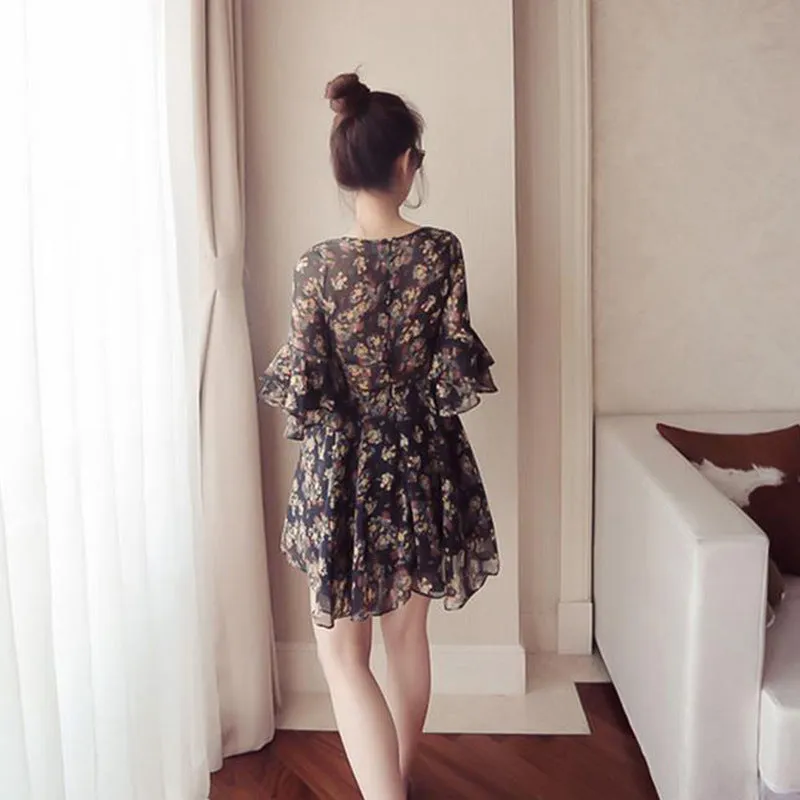 Chiffon Dress Women Summer Flare Short Sleeve Ruffle Collar V-Neck Beach Fresh Looking Floral Skirt Dress