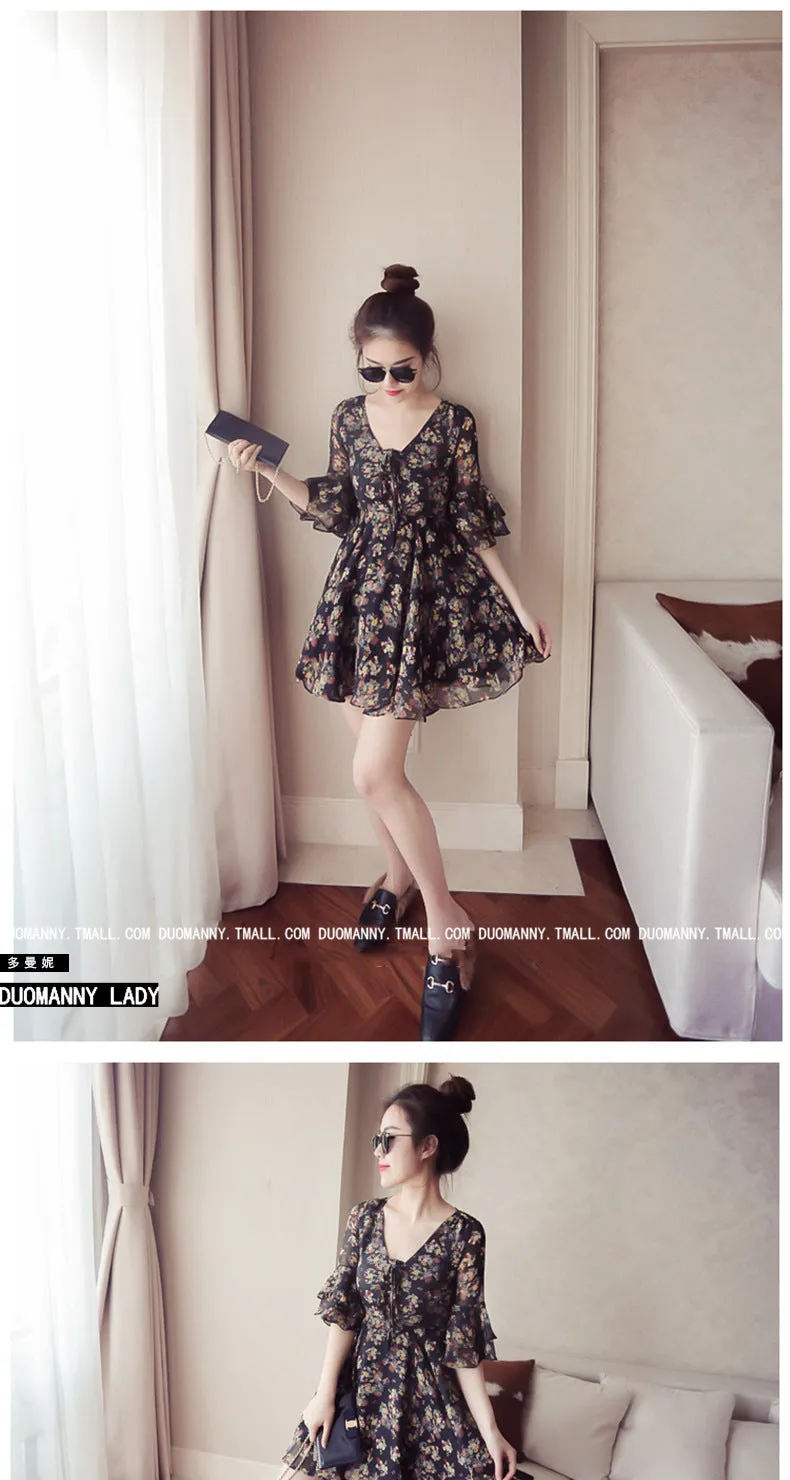 Chiffon Dress Women Summer Flare Short Sleeve Ruffle Collar V-Neck Beach Fresh Looking Floral Skirt Dress