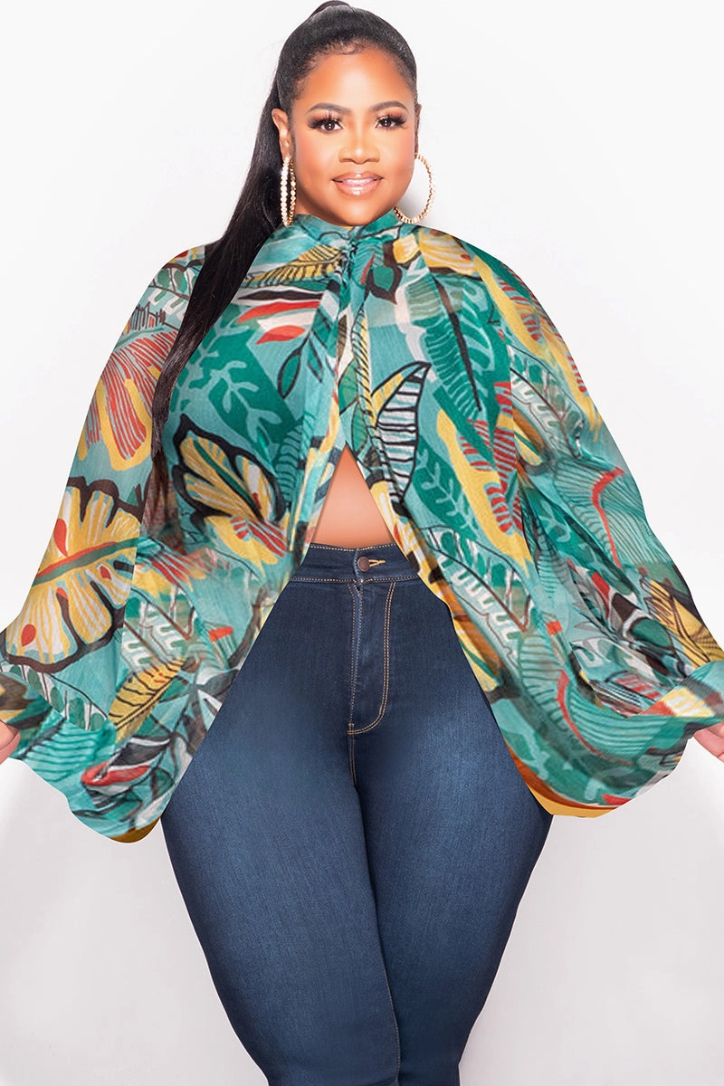 Final Sale Plus Size Sheer Balloon Sleeve Crop Top in Teal Multi Color Leaf Print Long Use Soft and Cozy