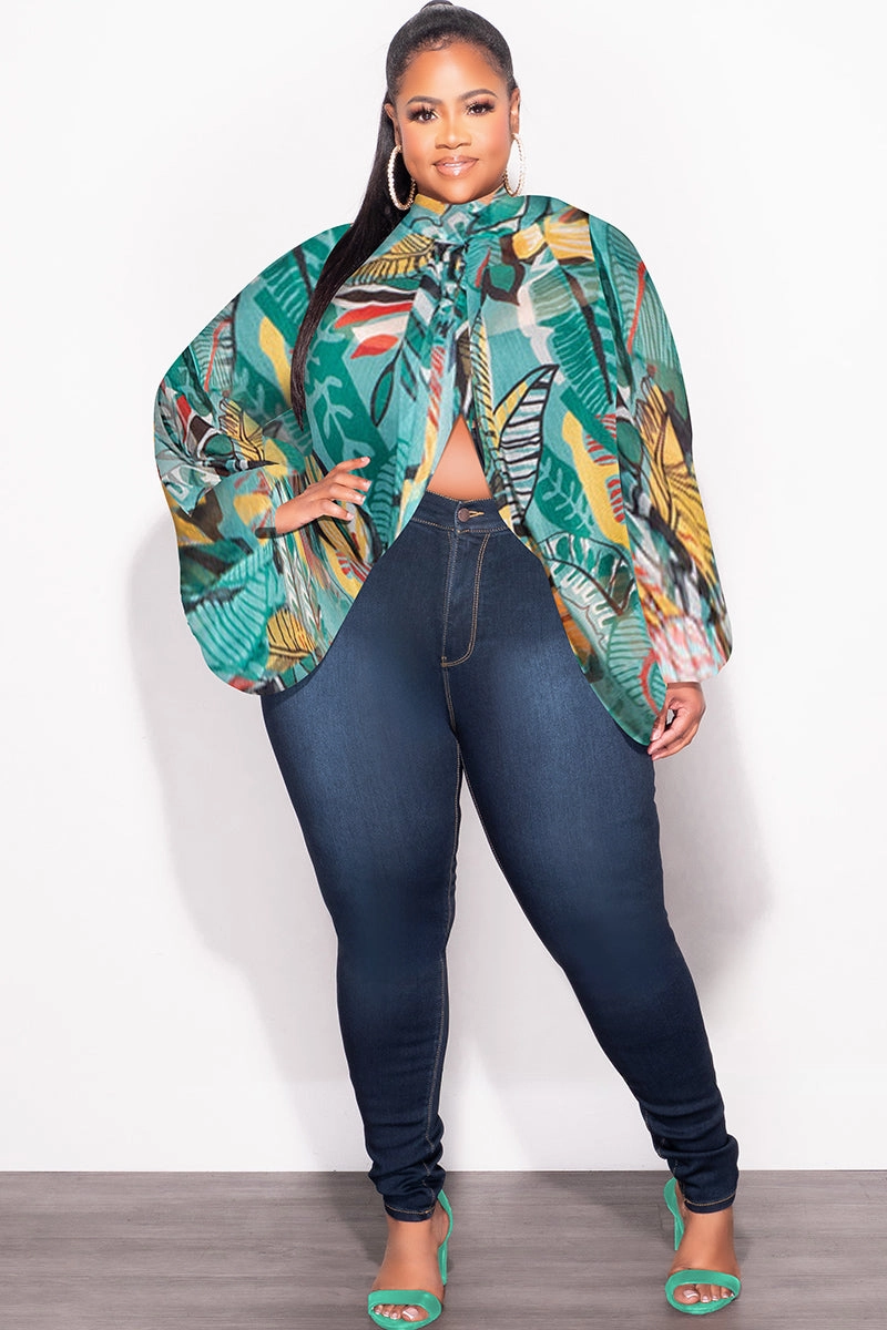 Final Sale Plus Size Sheer Balloon Sleeve Crop Top in Teal Multi Color Leaf Print Secure Closures Sweat Resistant