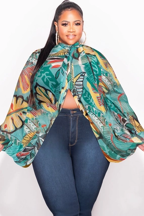 Final Sale Plus Size Sheer Balloon Sleeve Crop Top in Teal Multi Color Leaf Print Long Use Soft and Cozy