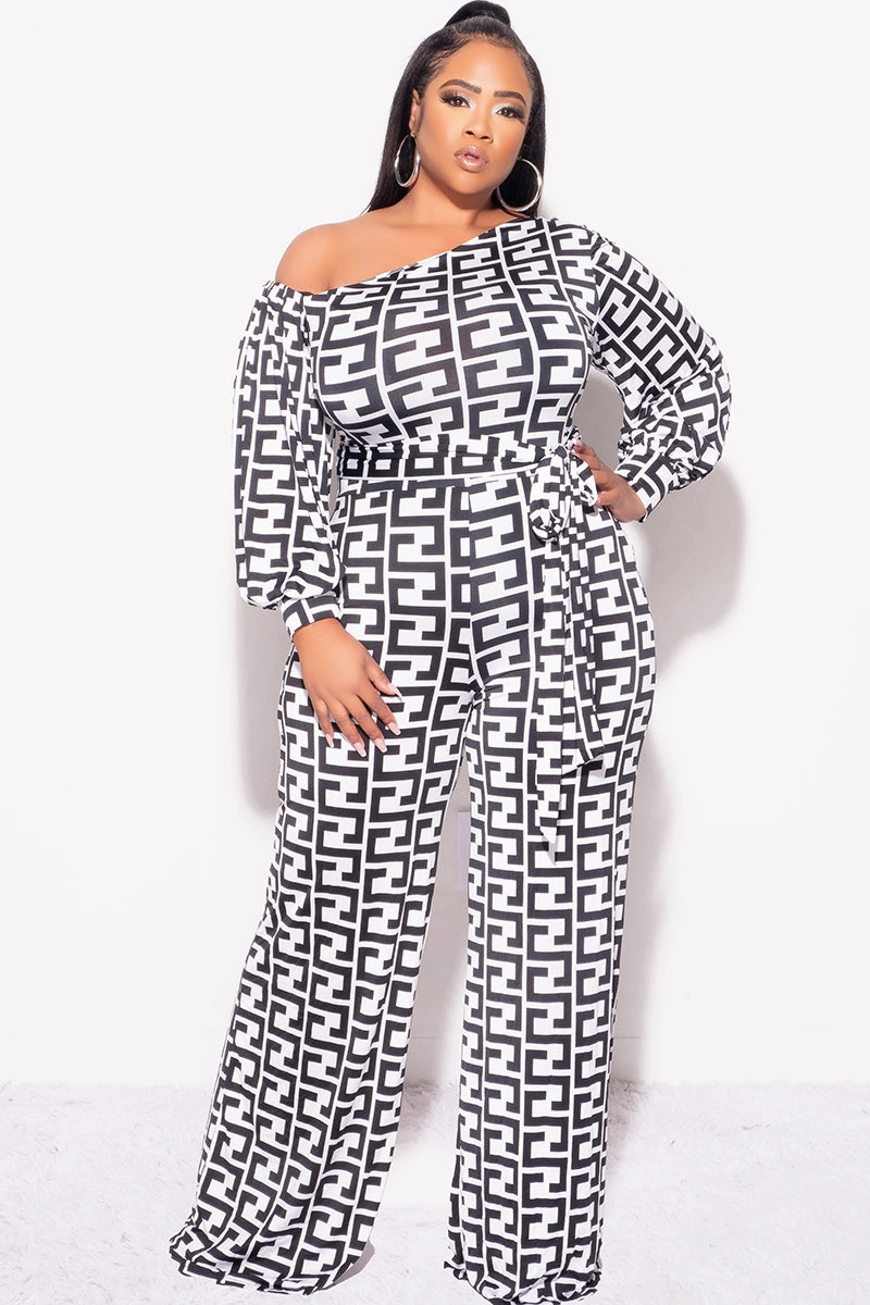 Final Sale Plus Size One Sleeve Jumpsuit in White and Black Maze Print Light Stretch Performance Stretch