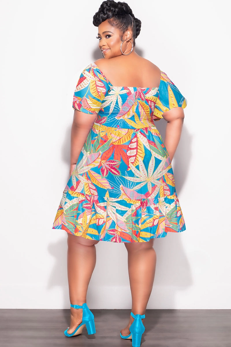 Slim Wear Design Moisture Management Final Sale Plus Off the Shoulder Shirred Baby Doll Dress in Multi Color Tropical Print