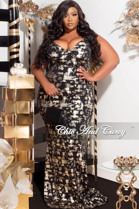 Available Online Only - Final Sale Plus Size Spaghetti Strap Gown in Black and Gold Foil Design Print Go Anywhere