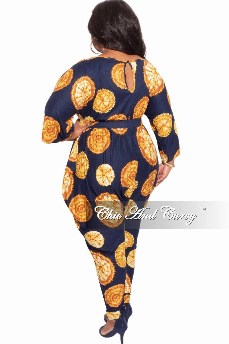 Final Sale Plus Size Harem Jumpsuit in Navy & Mustard Print Casual Performance Wear Sleek Appearance
