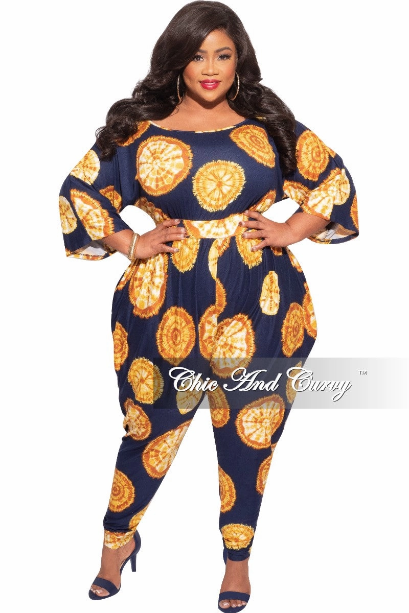 All Day Wear Final Sale Plus Size Harem Jumpsuit in Navy & Mustard Print