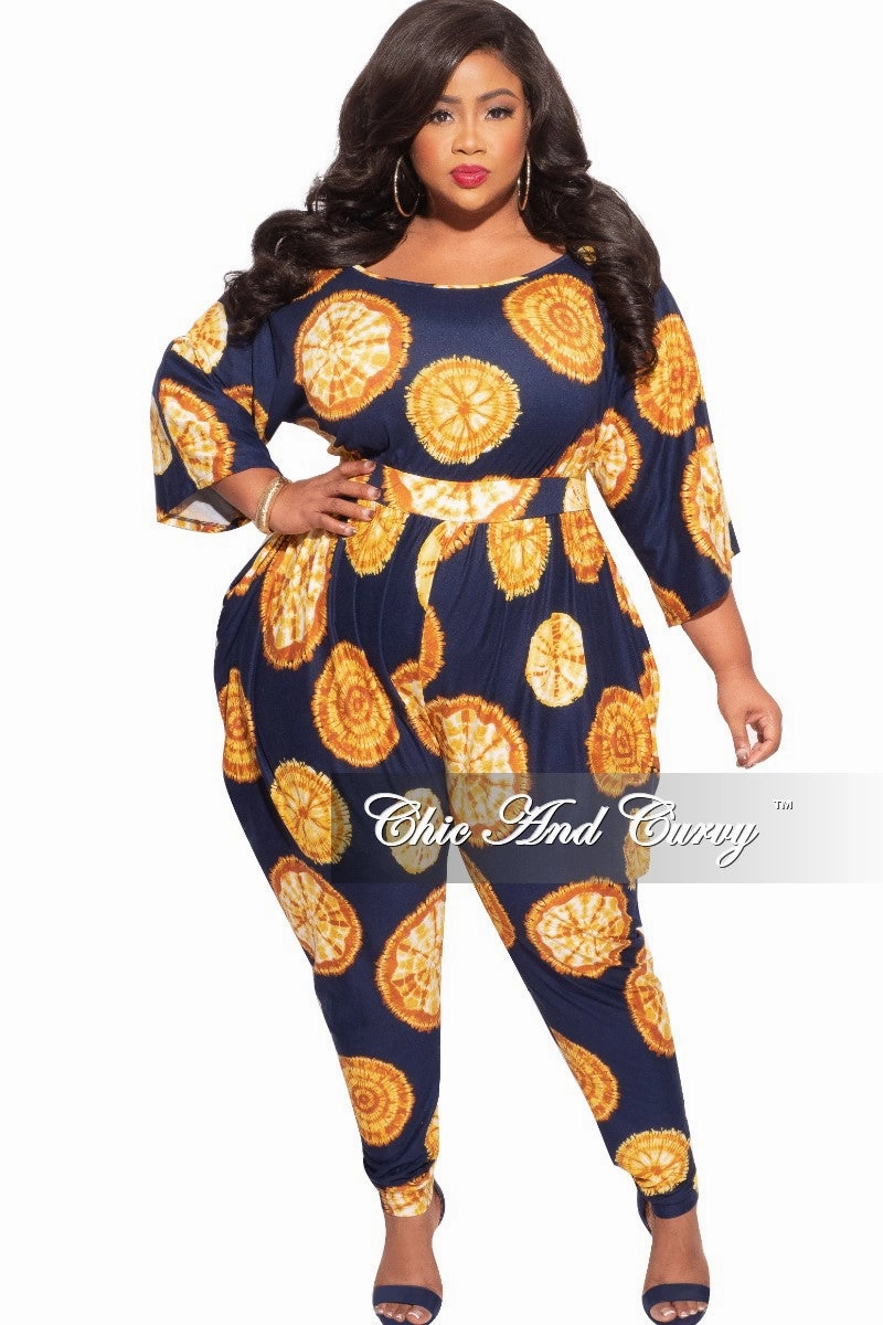 Final Sale Plus Size Harem Jumpsuit in Navy & Mustard Print City Ready