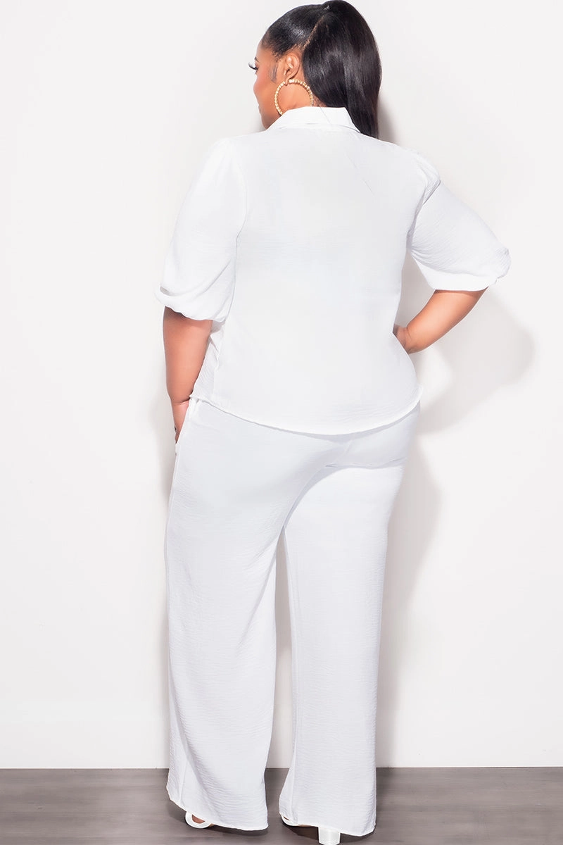 Double Stitched Breathable Mesh Panels Final Sale Plus Size 2pc Button Up Collar Top and Pants Set in Off White Linen
