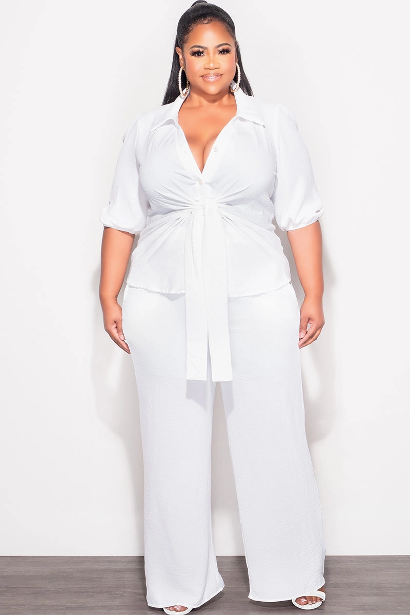 Final Sale Plus Size 2pc Button Up Collar Top and Pants Set in Off White Linen Contoured Panel Design