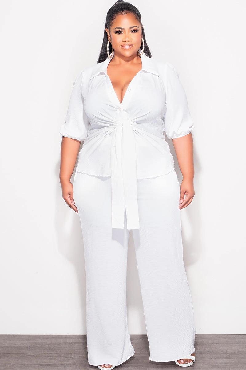 Final Sale Plus Size 2pc Button Up Collar Top and Pants Set in Off White Linen Body Sculpting Comfort Cushioning