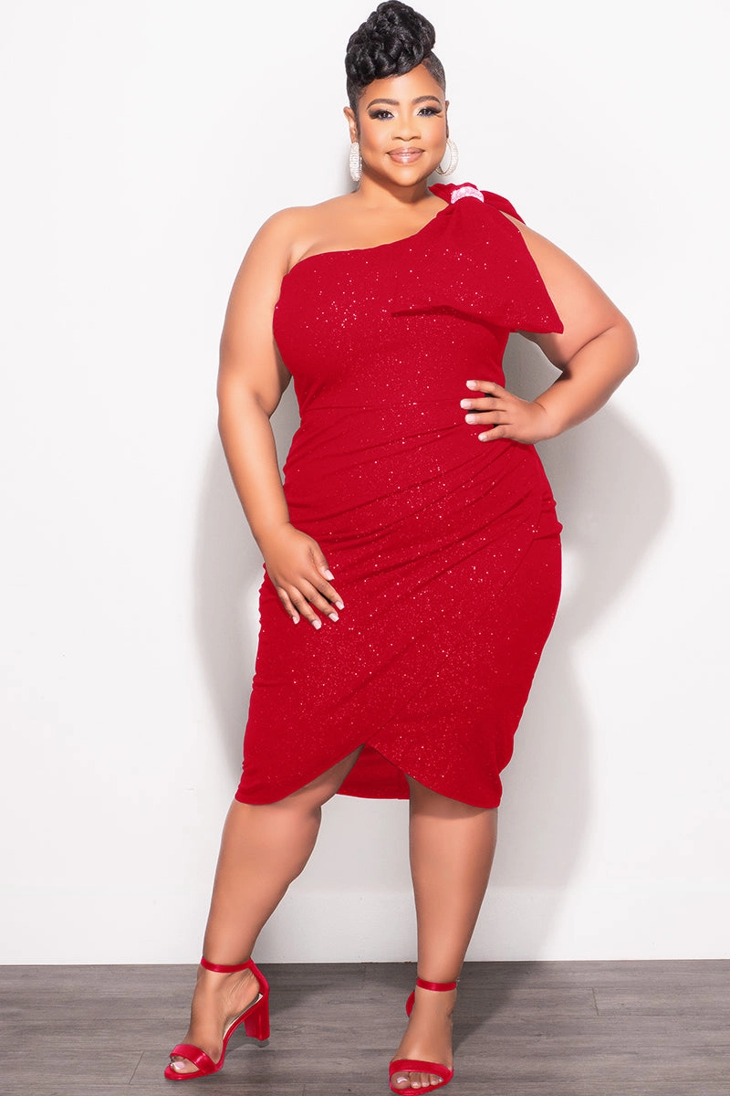 Final Sale Plus Size Glitter One Shoulder Ruched Dress Bow in Red Street Active