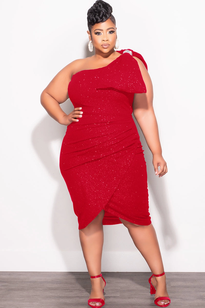 Final Sale Plus Size Glitter One Shoulder Ruched Dress Bow in Red Durable Construction