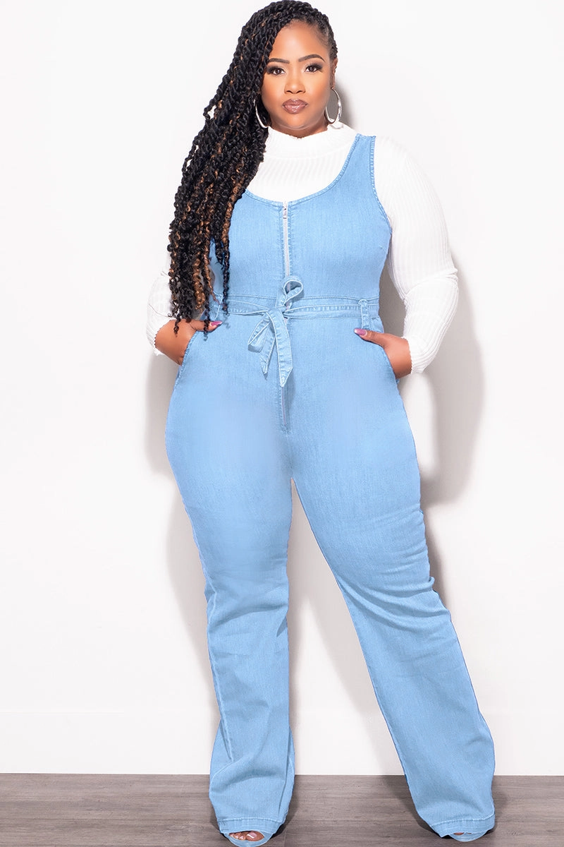 Ripstop Texture No Ride Up Final Sale Plus Size Sleeveless Zip-Up Jumpsuit with Attached Tie in Light Denim