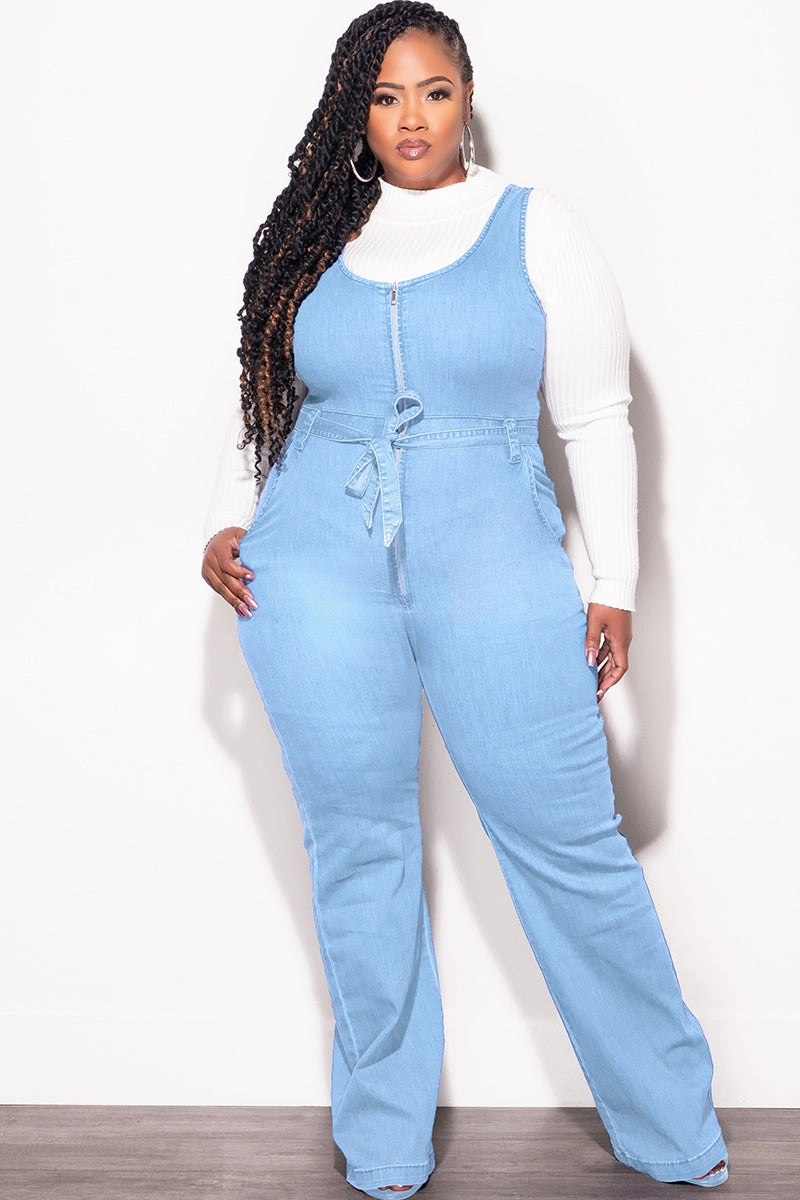 Final Sale Plus Size Sleeveless Zip-Up Jumpsuit with Attached Tie in Light Denim Reinforced Pockets Light support