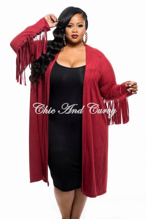 Final Sale Plus Size Jacket in Faux Suede with Fringe Sleeves and Slit Back in Burgundy Eco Dye Process