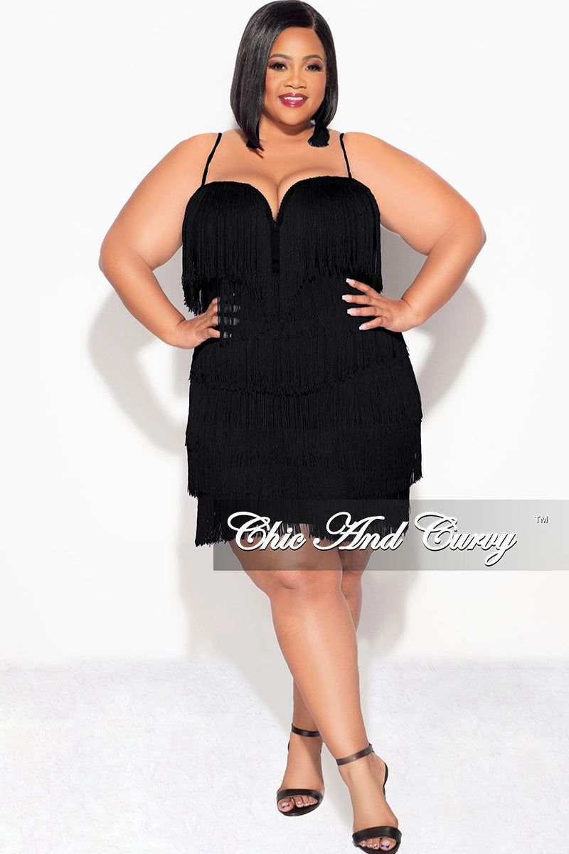 Hidden pockets Smart Wear Final Sale Plus Size Spaghetti Strap BodyCon Fringe Dress in Black