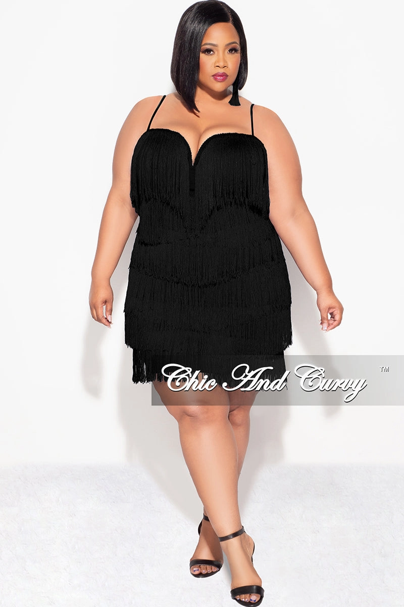 Final Sale Plus Size Spaghetti Strap BodyCon Fringe Dress in Black ripstop fabric Breathable Design