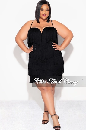 Hidden pockets Smart Wear Final Sale Plus Size Spaghetti Strap BodyCon Fringe Dress in Black