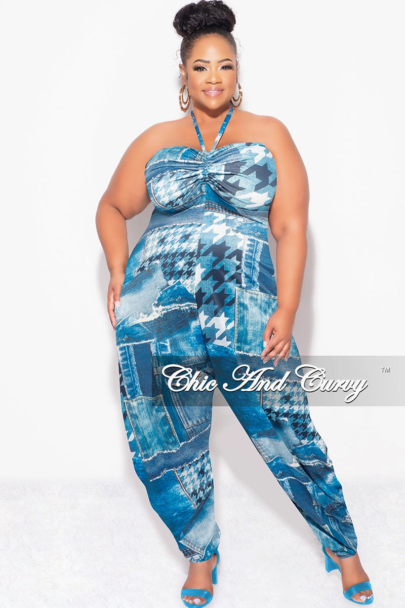 Final Sale Plus Size Halter Harem Jumpsuit in Blue & White Mixed Denim Print Compact Storage TemperatureRegulation