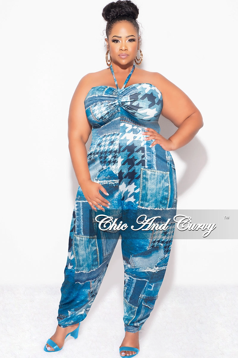 Final Sale Plus Size Halter Harem Jumpsuit in Blue & White Mixed Denim Print AdjustableWaistband Commuter Fit