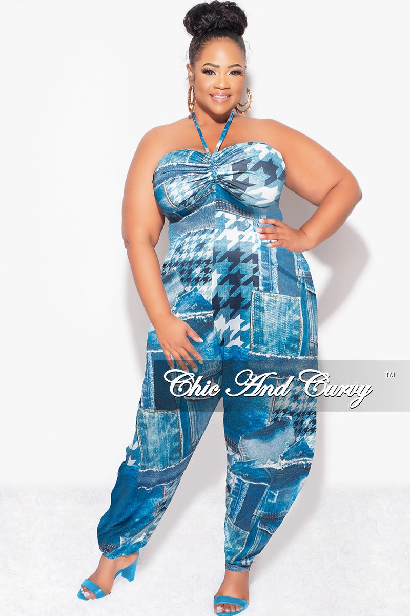 Final Sale Plus Size Halter Harem Jumpsuit in Blue & White Mixed Denim Print Stylish Appearance