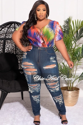 DoubleLayeredHem NonSlipInnerGrip Final Sale Plus Faux Wrap Bodysuit in Multi Color Palm Print