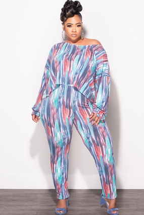 DoubleLayeredFabric Final Sale Plus Size 2 pc Set Top & Pants in Purple / Mauve Multi-Color Print