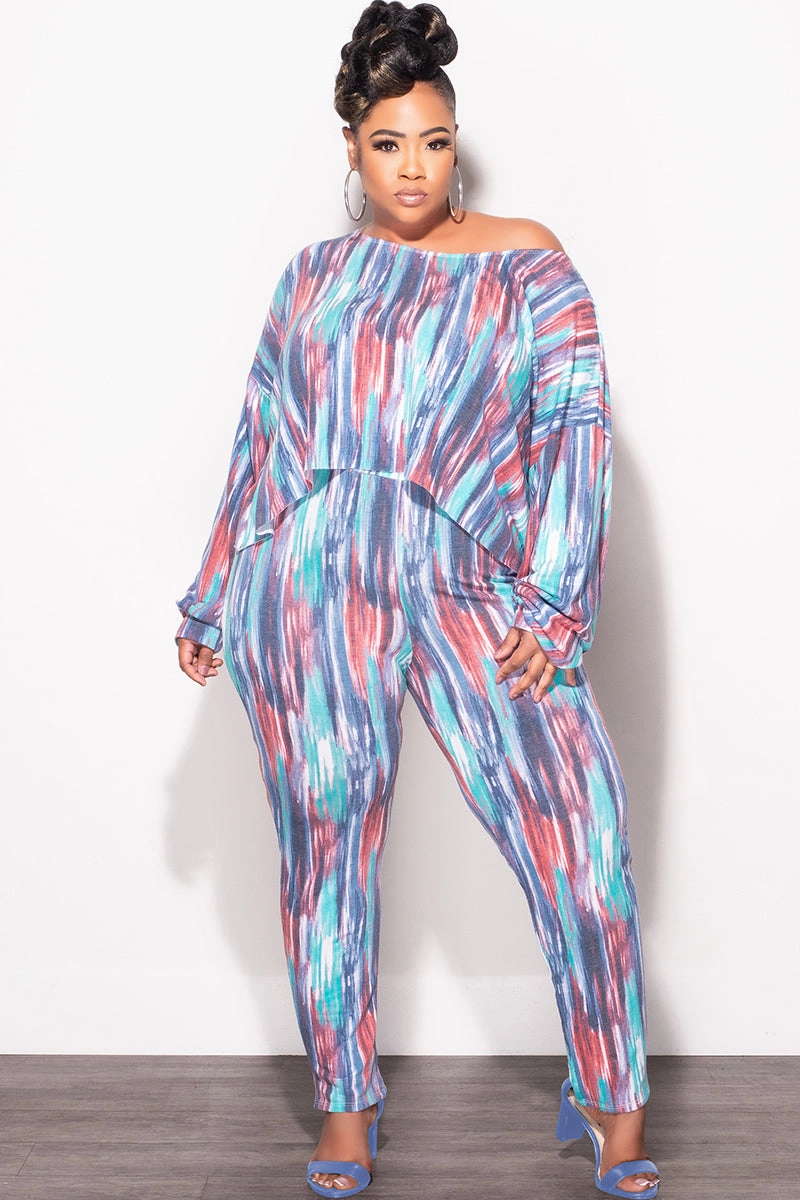 Flexible Knees Easy Flex Design Final Sale Plus Size 2 pc Set Top & Pants in Purple / Mauve Multi-Color Print