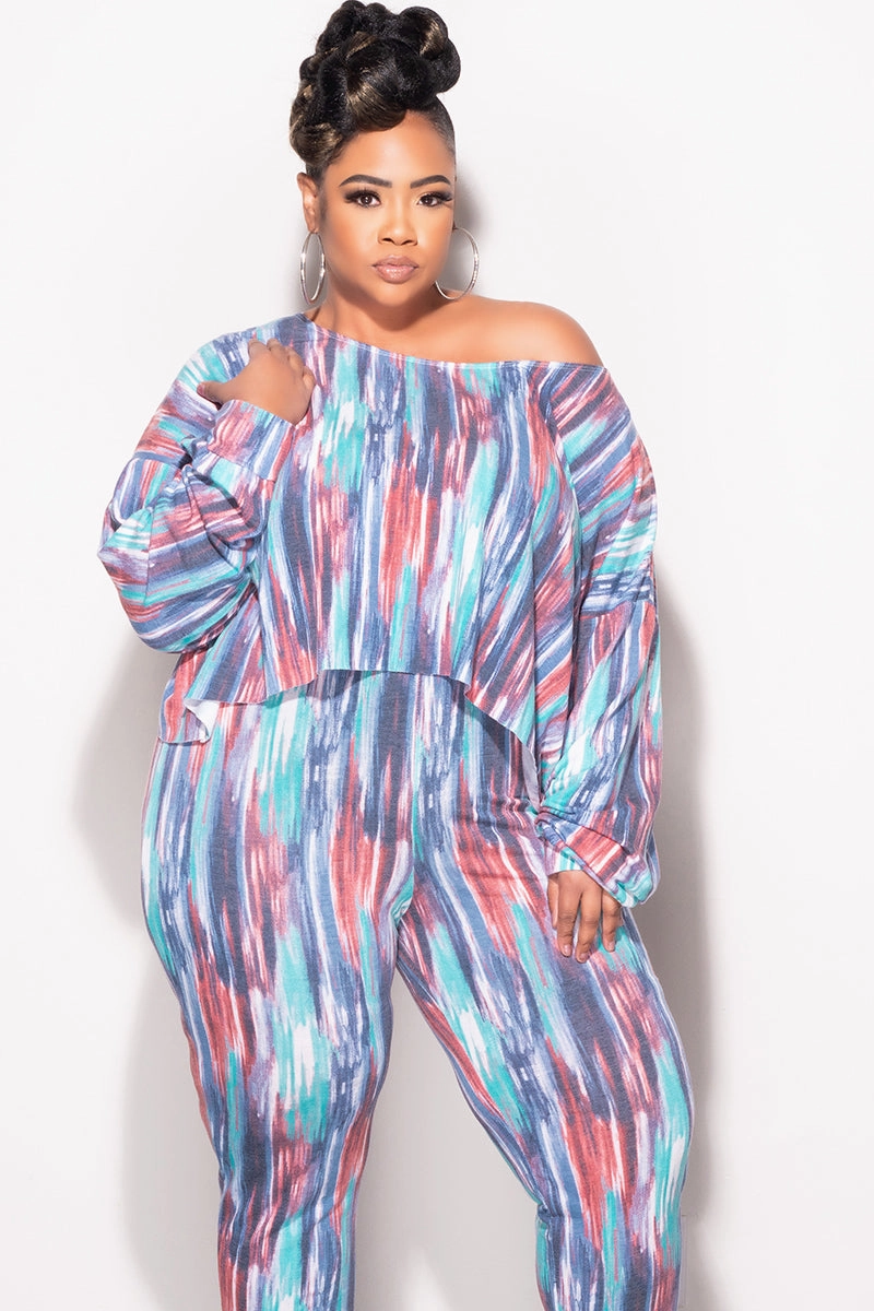 Final Sale Plus Size 2 pc Set Top & Pants in Purple / Mauve Multi-Color Print Anti Bacterial Treatment Timeless Appeal