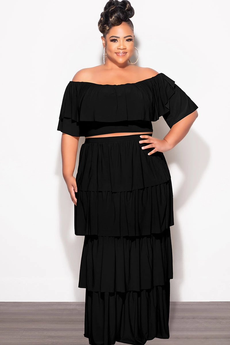 Final Sale Plus Size 2pc Ruffle Tiered Off the Shoulder Crop Top Maxi Skirt Set in Black QuickReleaseFastenings