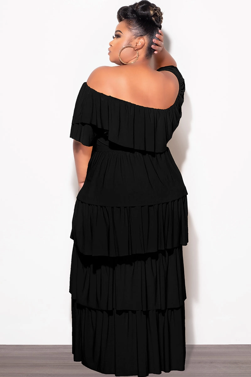 RipstopFabric Final Sale Plus Size 2pc Ruffle Tiered Off the Shoulder Crop Top Maxi Skirt Set in Black