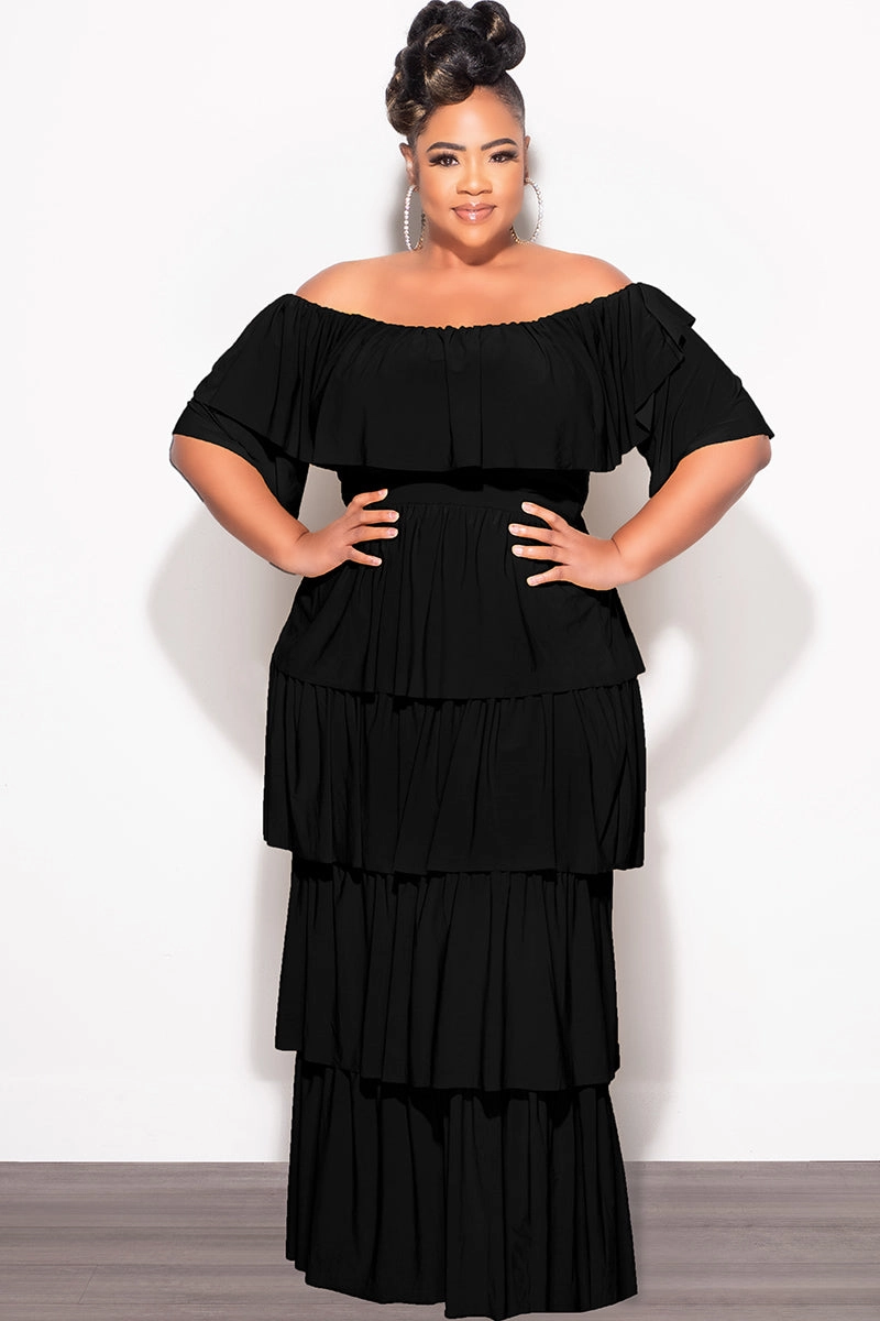 Final Sale Plus Size 2pc Ruffle Tiered Off the Shoulder Crop Top Maxi Skirt Set in Black Adaptable Design