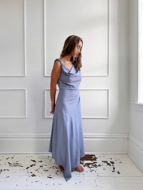 Asymmetrical Midi Dress w Cowl Walkable Flow Urban Fit