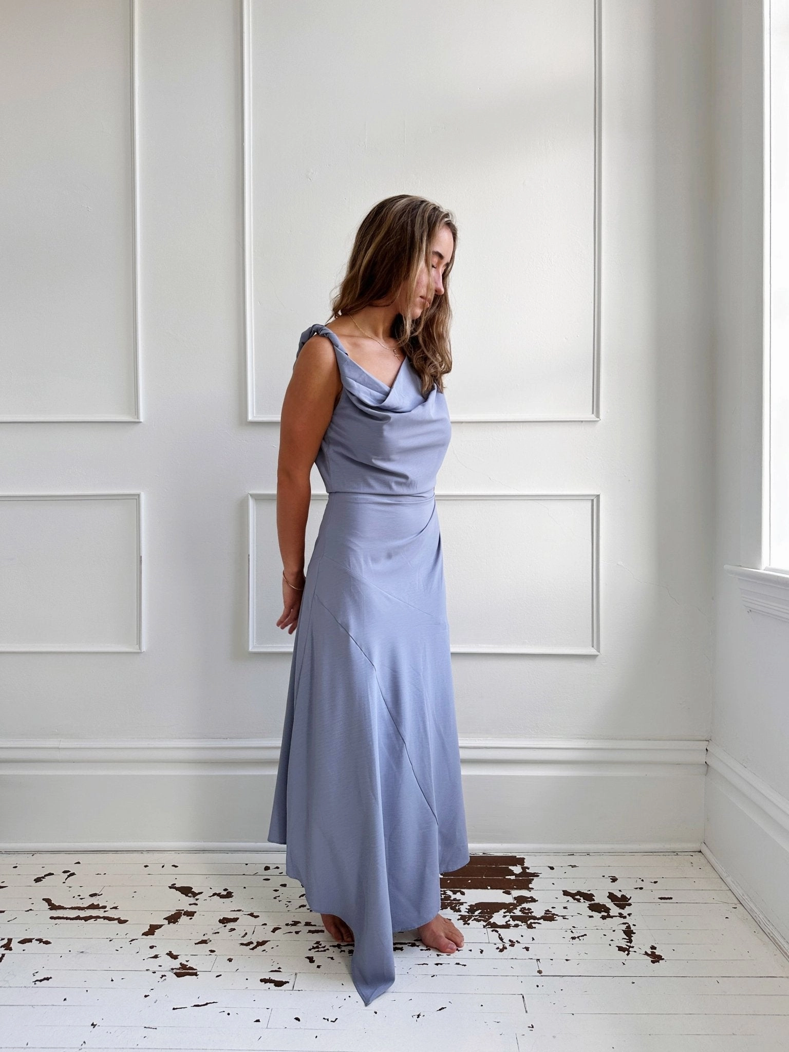 Asymmetrical Midi Dress w Cowl Walkable Flow Urban Fit