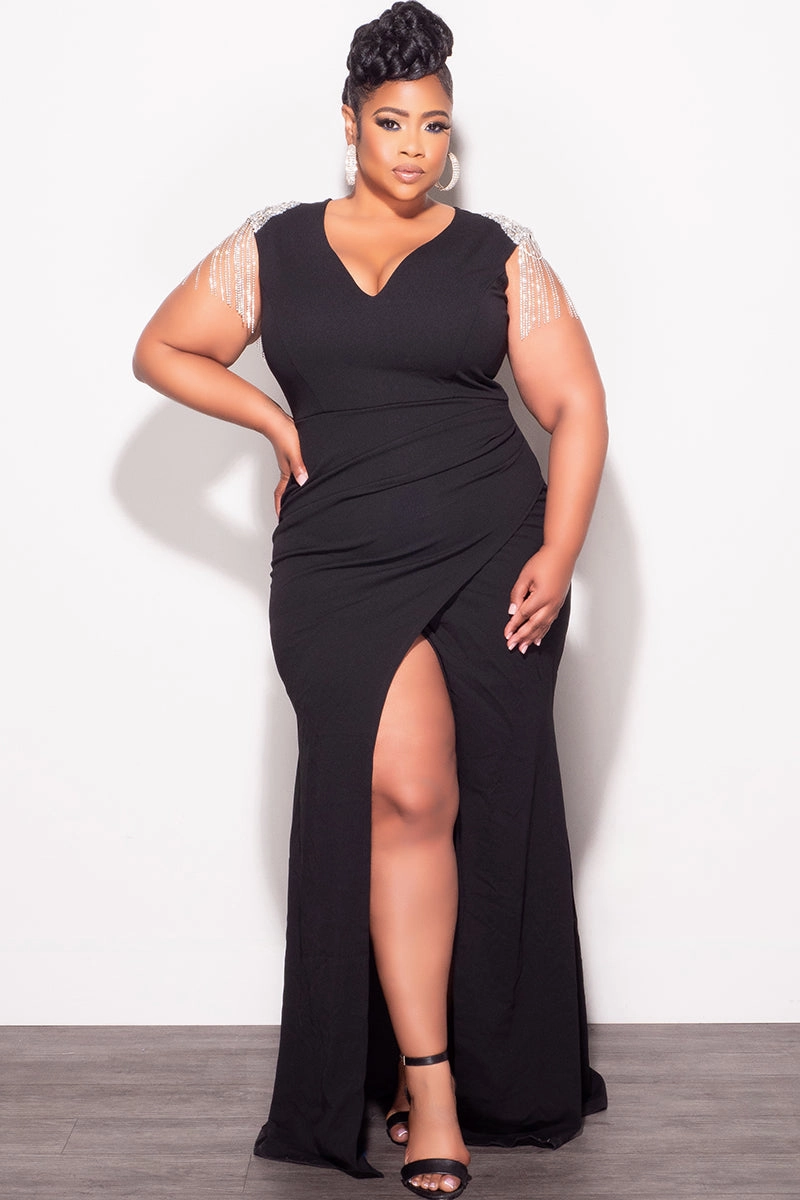 Final Sale Plus Size Deep V Rhinestone Fringe Shoulder With Maxi Dress in Black No Gap Waist Construction quick dry