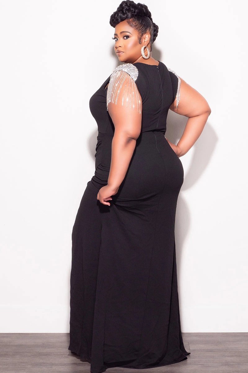Final Sale Plus Size Deep V Rhinestone Fringe Shoulder With Maxi Dress in Black FlexibleMobilityDesign Ultra Soft Texture
