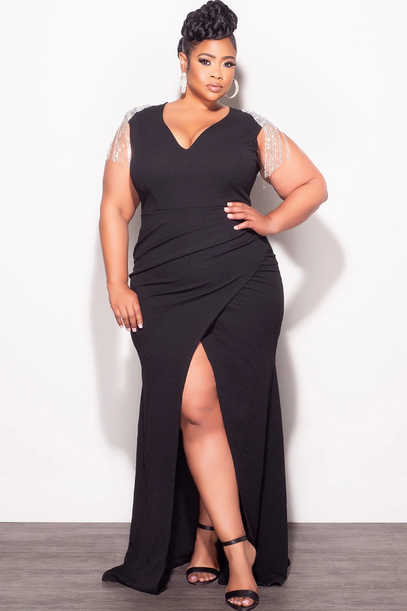 Final Sale Plus Size Deep V Rhinestone Fringe Shoulder With Maxi Dress in Black Feminine Cut Anti Static Lining
