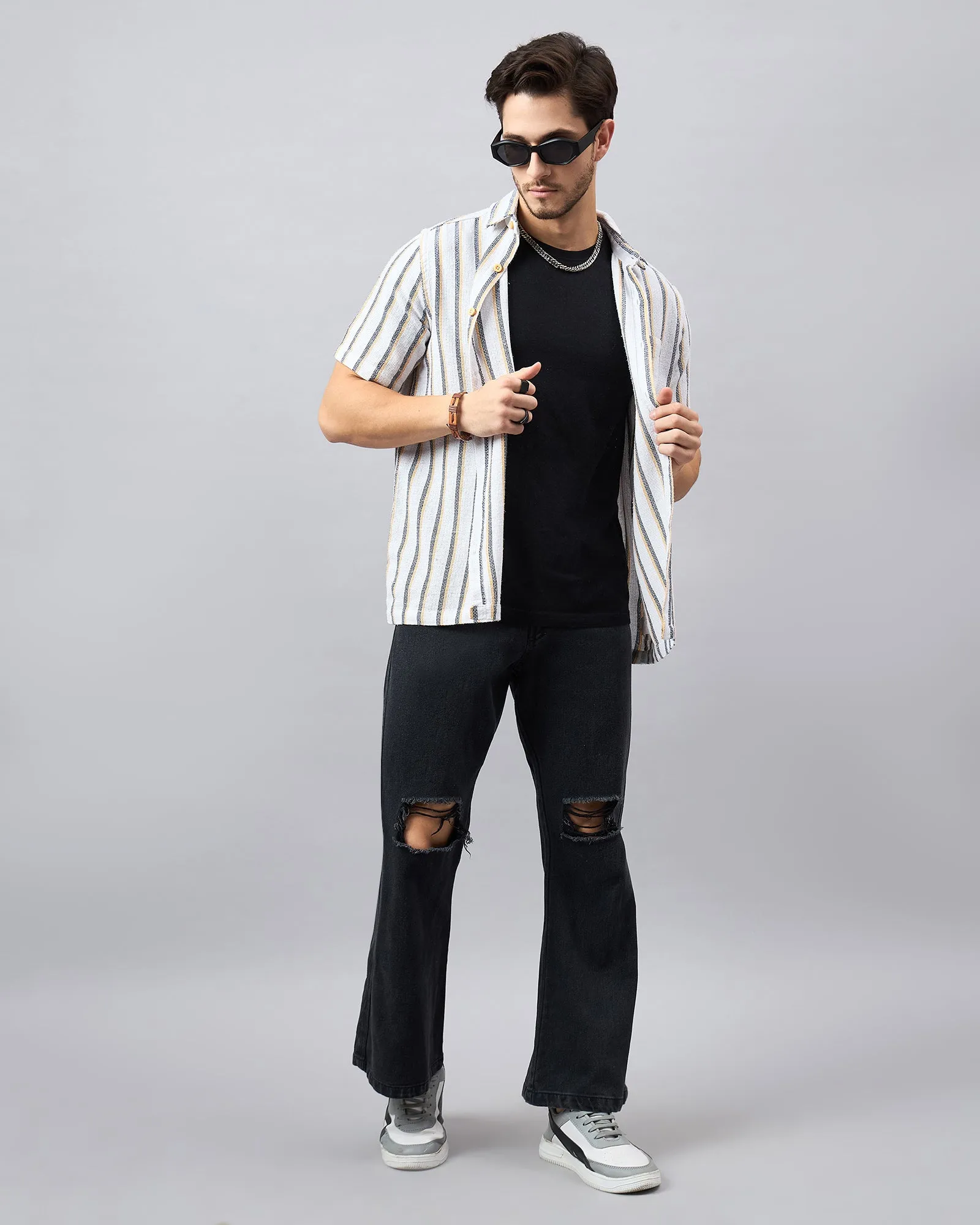 Chimpaaanzee Men White & Black Regular Fit Shirt