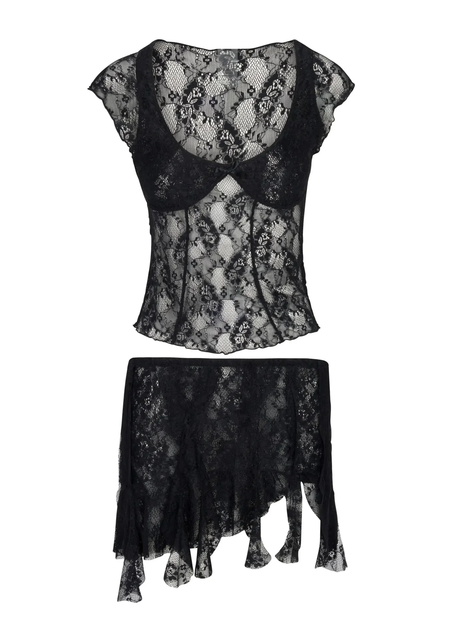 Ch??rie Asymmetrical Mini Skirt ?? Black Lace Stylish Cut Elastic Free Cuffs