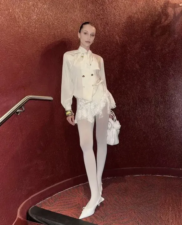 Ch??rie Asymmetrical Mini Skirt ?? Ivory Lace Blackout fabric