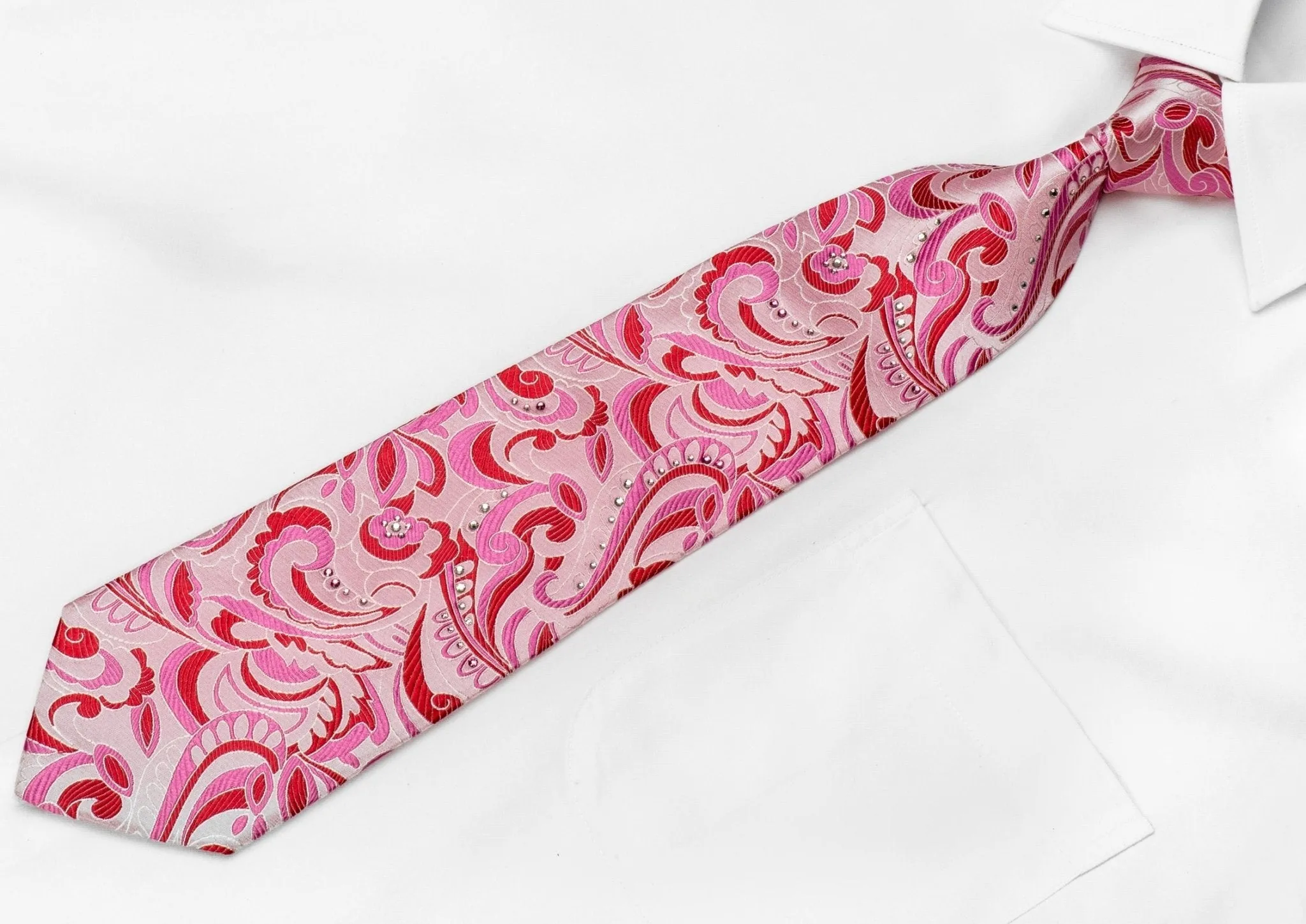 Christian Aujard Men's Silk Tie Paisley On Pink Sparkling With Crystal Rhinestones