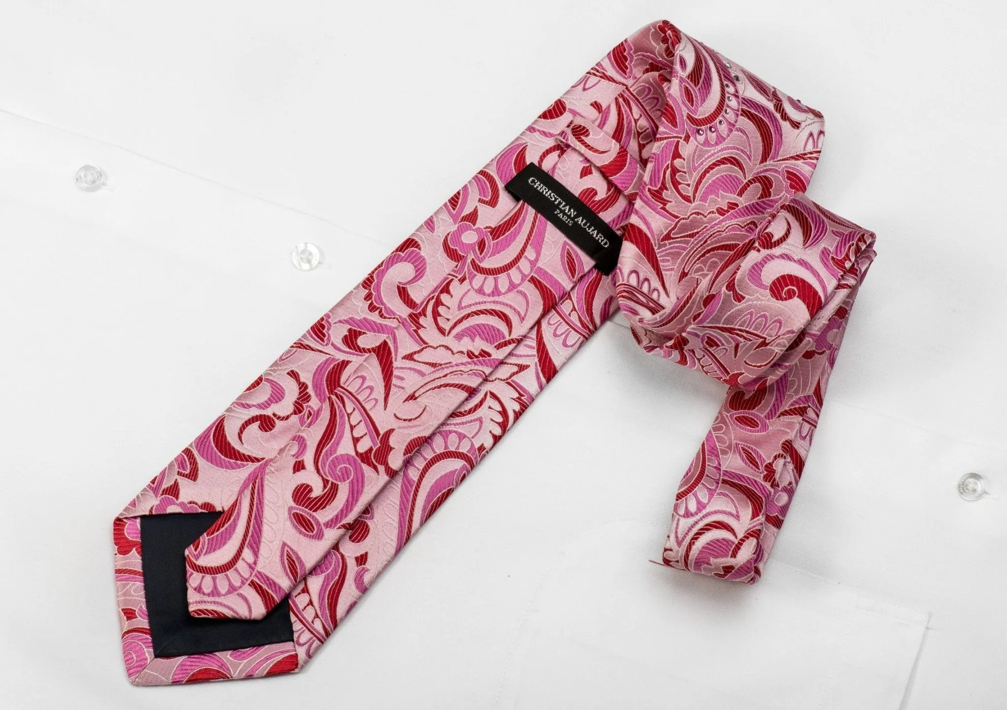 Christian Aujard Men's Silk Tie Paisley On Pink Sparkling With Crystal Rhinestones