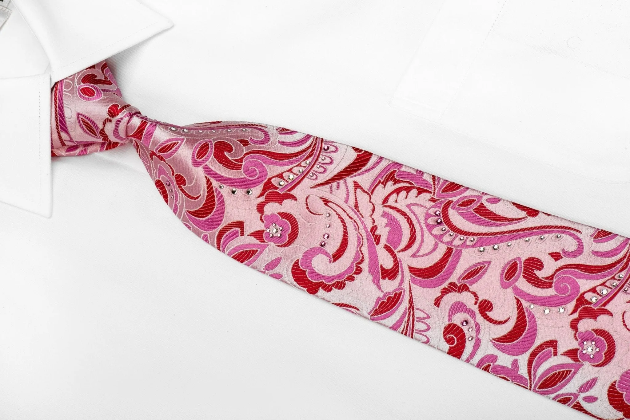 Christian Aujard Men's Silk Tie Paisley On Pink Sparkling With Crystal Rhinestones
