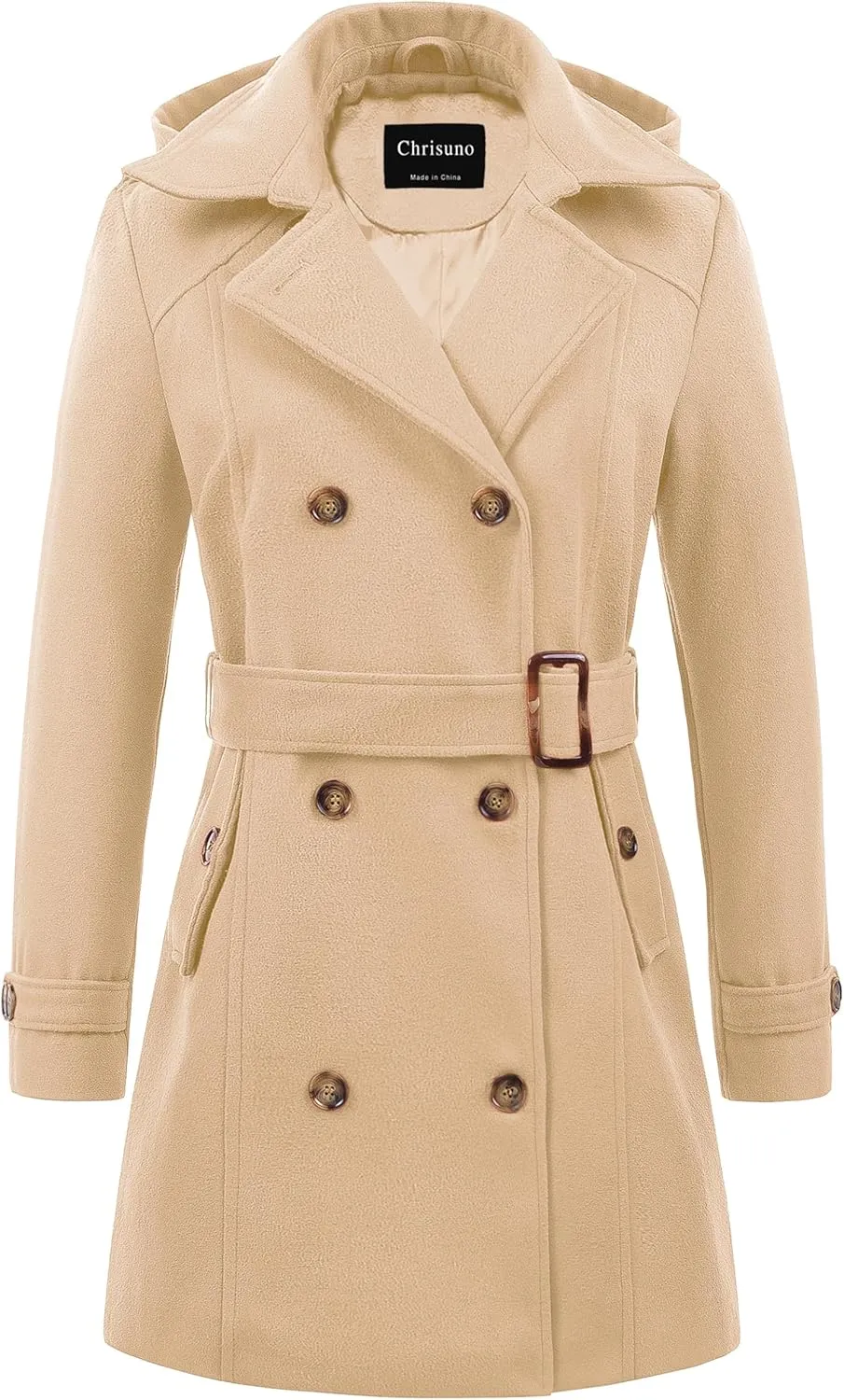Chrisuno Women's Double Breasted Pea Coat Hooded Long Winter Trench Coat