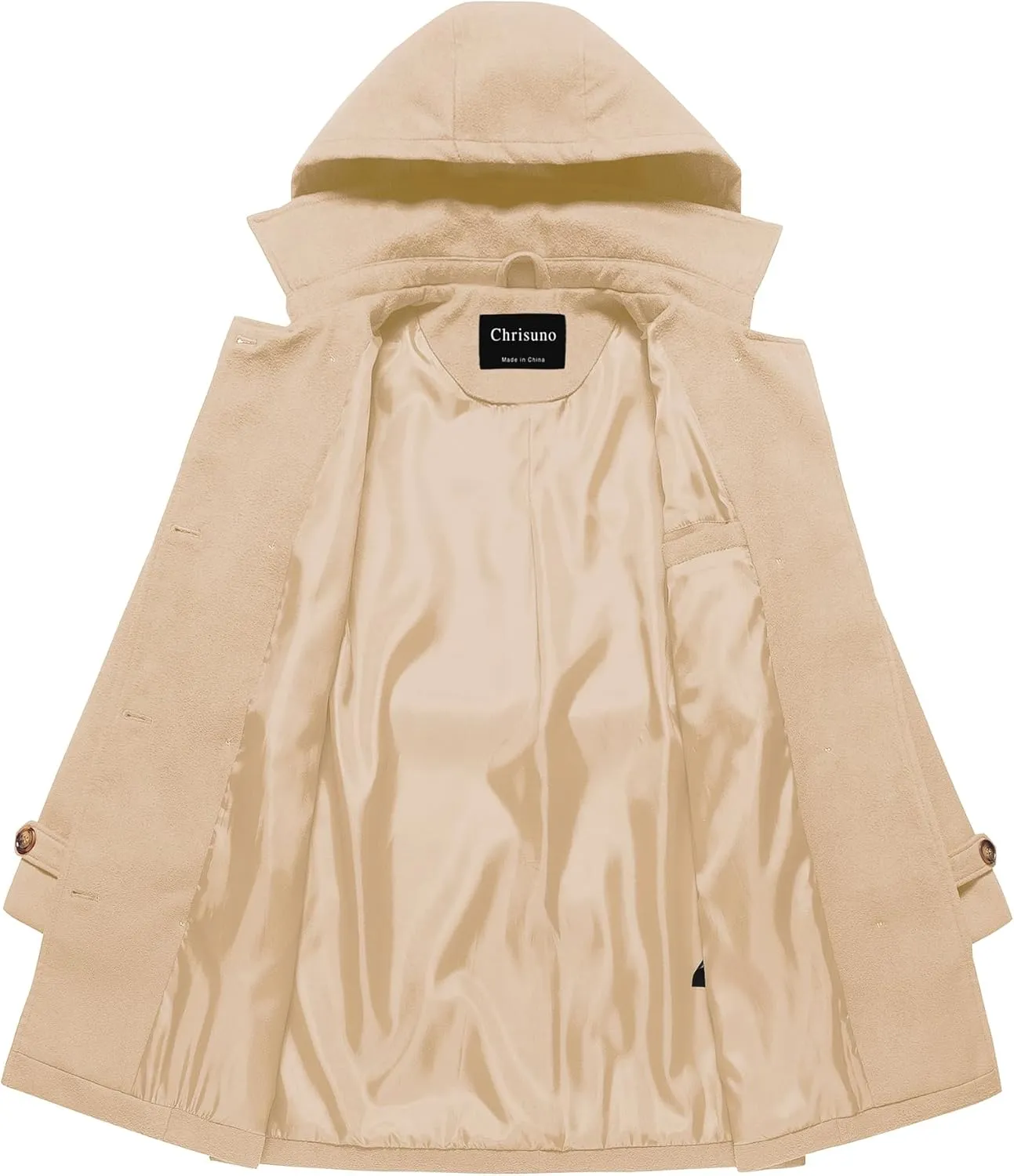 Chrisuno Women's Double Breasted Pea Coat Hooded Long Winter Trench Coat