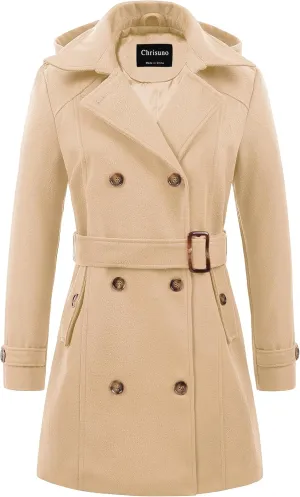 Chrisuno Women's Double Breasted Pea Coat Hooded Long Winter Trench Coat