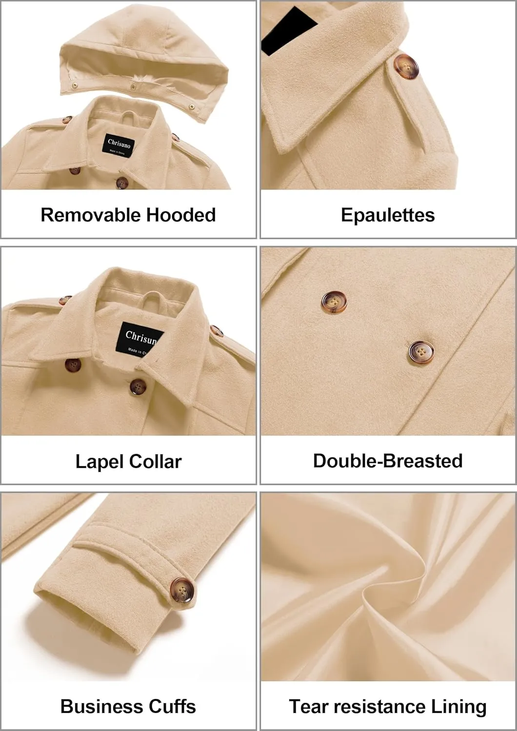 Chrisuno Women's Double Breasted Pea Coat Hooded Long Winter Trench Coat